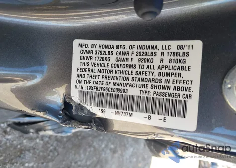 2012 Honda Civic Ex-L z USA, uszkodzony, nr VIN 19XFB2F96CE008993